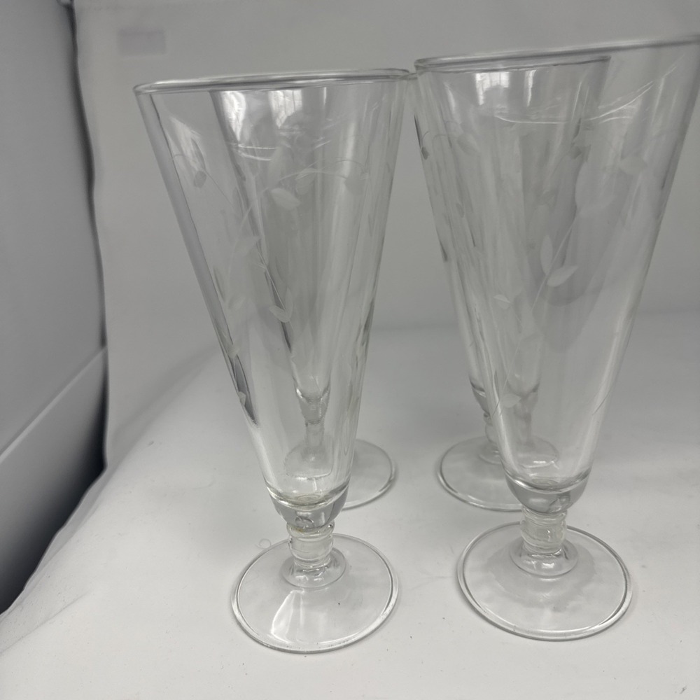 Libbey Windswept‎ Pilsner Glasses Etched Vintage Set of 4 Clear Barware